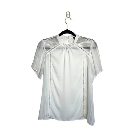 Express White High Neck Sheer Lattice Flutter Sleeve Blouse Large Women’s - Picture 11 of 11